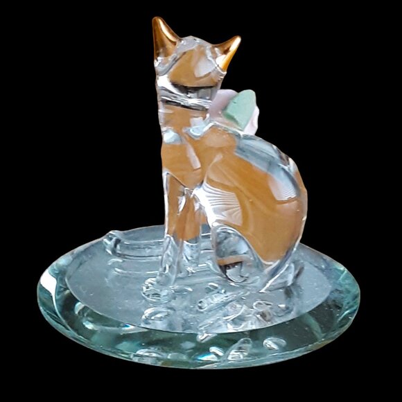 Baron Glass Crystal Kitty Cat Sculpture 22k Gold Trim Pink Rose Clear Miniature - Picture 3 of 7